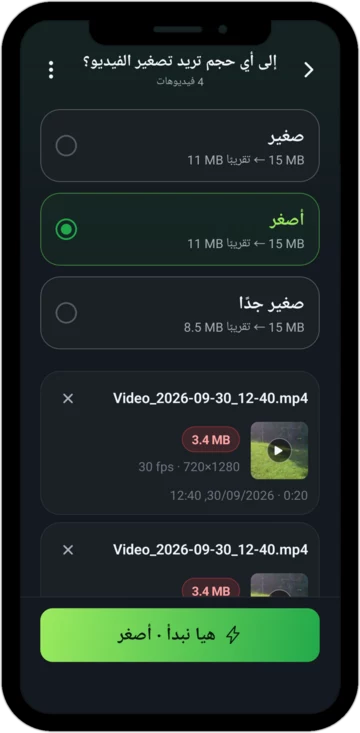 اختيار الحجم: صغير أو أصغر أو صغير جدًا، مع الحجم الجديد التقريبي لكل منها