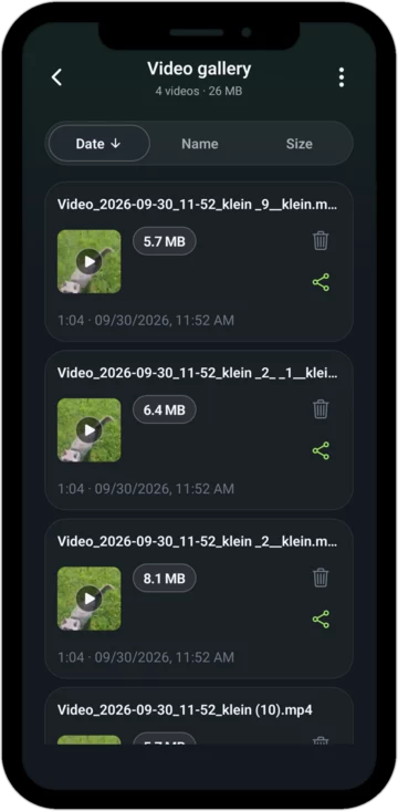 The app's video gallery with all small videos