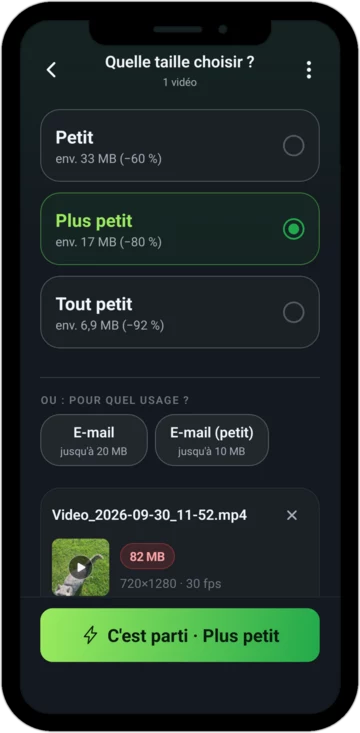 Choix de la taille&nbsp;: Petit, Plus petit ou Tout petit, chacune avec sa nouvelle taille approximative
