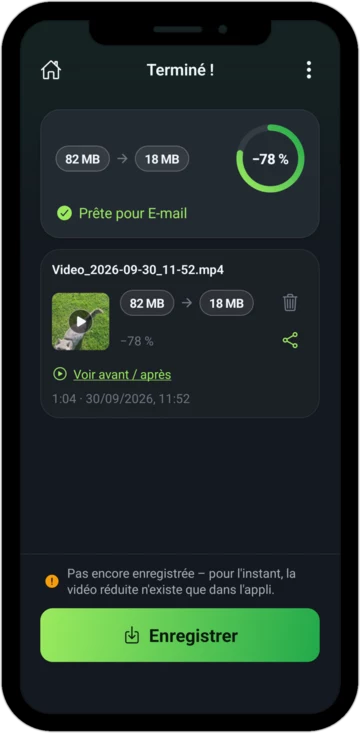 Écran «&nbsp;Terminé&nbsp;!&nbsp;» avec la mention «&nbsp;Prête pour E-mail&nbsp;»&nbsp;: 78 MB sont devenus 18 MB