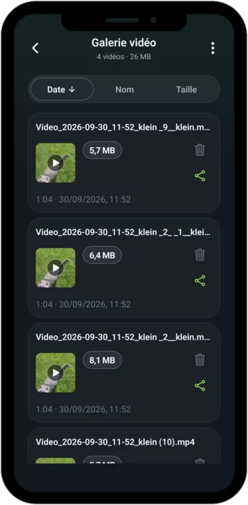 La galerie vidéo de l'appli avec toutes les vidéos réduites