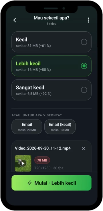 Memilih ukuran: Kecil, Lebih kecil, atau Sangat kecil, masing-masing dengan perkiraan ukuran barunya