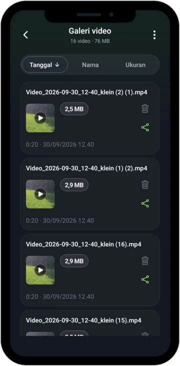 Galeri video aplikasi dengan semua video kecil
