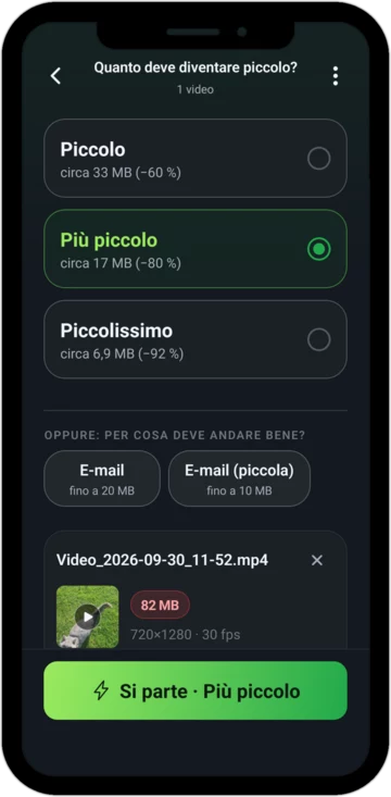 Scelta della misura: Piccolo, Più piccolo o Piccolissimo, ognuna con la nuova dimensione approssimativa