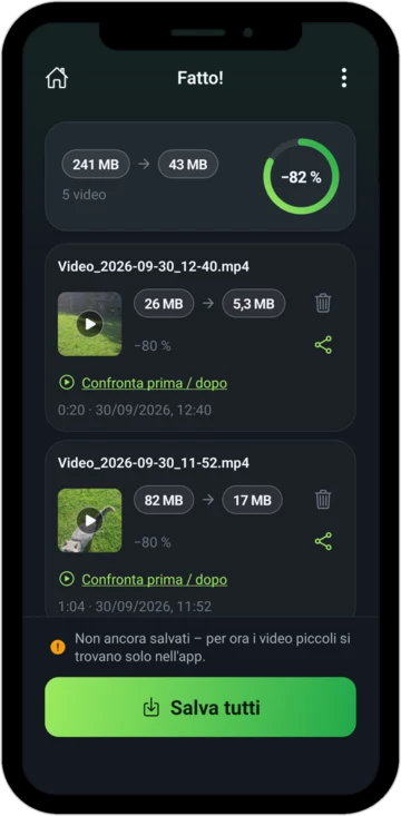 Schermata “Fatto!”: 82 MB sono diventati 17 MB, l'80 percento in meno