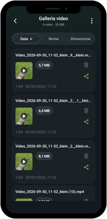La galleria video dell'app con tutti i video piccoli