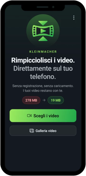 Schermata iniziale dell'app con il pulsante “Scegli i video”