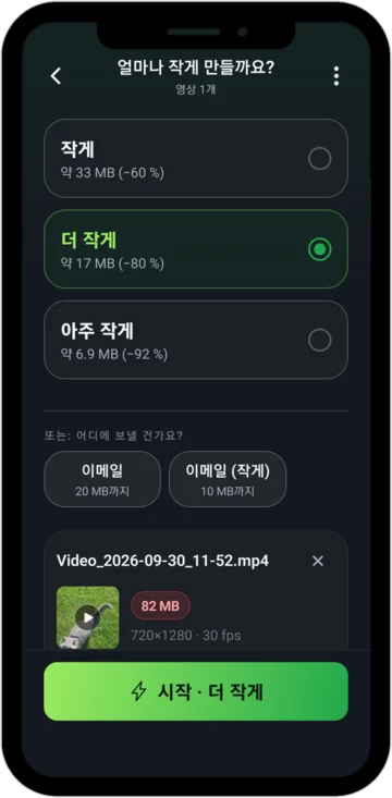 크기 선택: 작게, 더 작게 또는 아주 작게, 각각 예상되는 새 크기와 함께