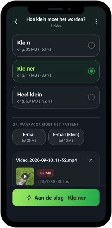 De maat kiezen: Klein, Kleiner of Heel klein, elk met de geschatte nieuwe grootte