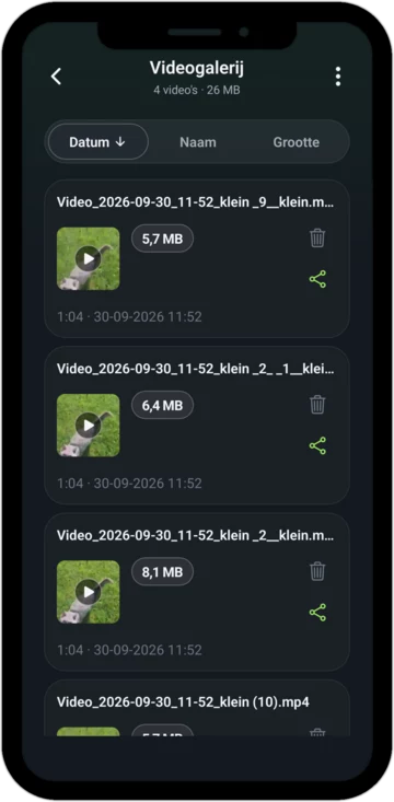 De videogalerij van de app met alle kleine video's