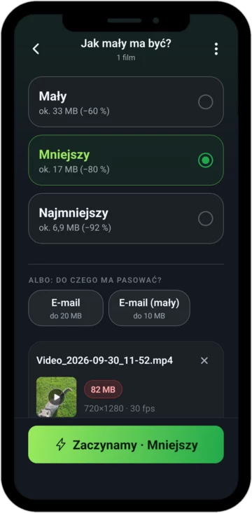 Wybór rozmiaru: Mały, Mniejszy albo Najmniejszy, każdy z przybliżonym nowym rozmiarem