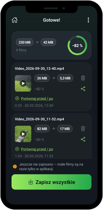 Ekran „Gotowe!”: z 82 MB zostało 17 MB, o 80 procent mniej