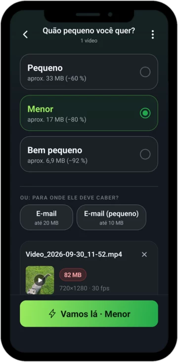 Escolha do tamanho: Pequeno, Menor ou Bem pequeno, cada um com o novo tamanho aproximado