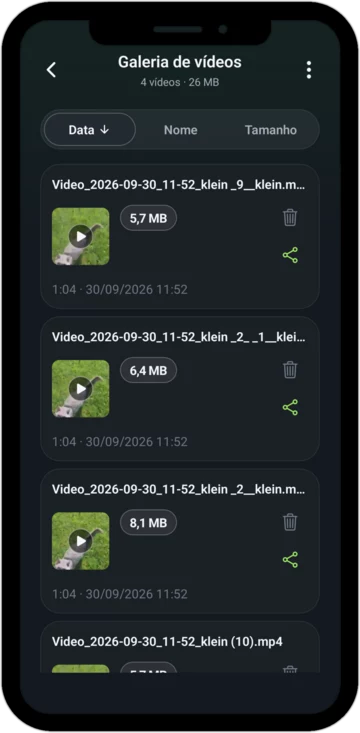 A galeria de vídeos do app com todos os vídeos pequenos