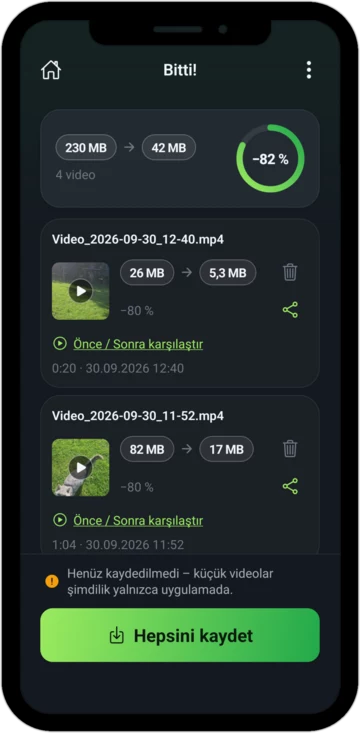 Bitti ekranı: 82 MB, 17 MB oldu, yüzde 80 daha küçük