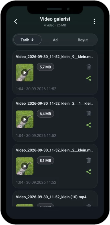Uygulamanın tüm küçük videoların bulunduğu video galerisi